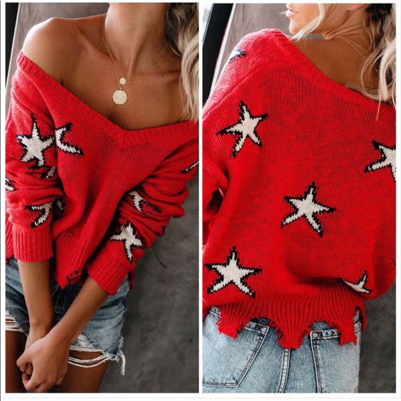 Sweaters - Red Star Patterned Women's Sweater